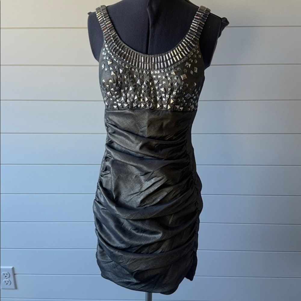 Jessica McClintock dress pewter dress with silver trim 8